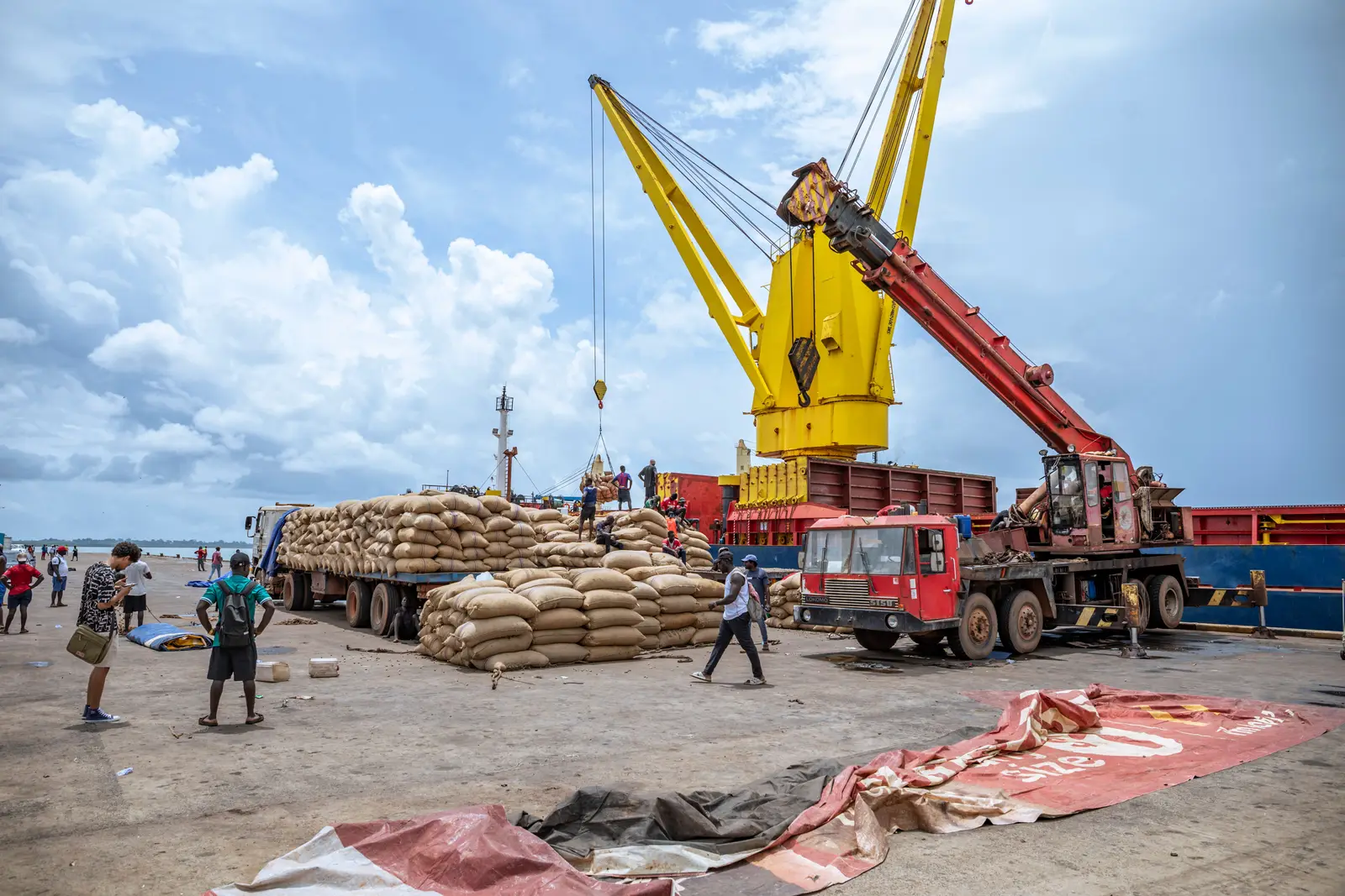 The quay at Bissau seen wide, with a yellow harbour crane and a mobile crane working alongside a vessel and sacks stacked on the apron.